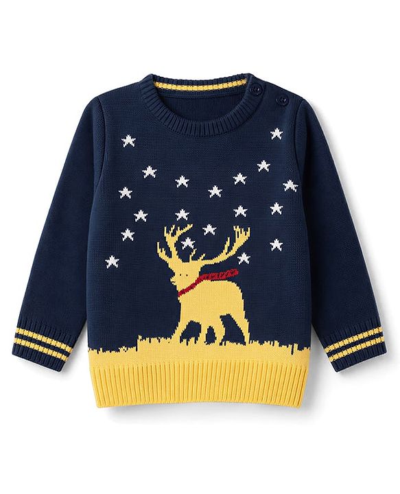 Babyhug Knit Full Sleeves Sweater Set With Stars & Reindeer Design - Navy Blue