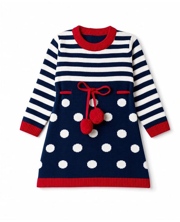 Babyhug  Knit Full Sleeves Stripe Woollen Dress With Polka Dot Design - Navy Blue