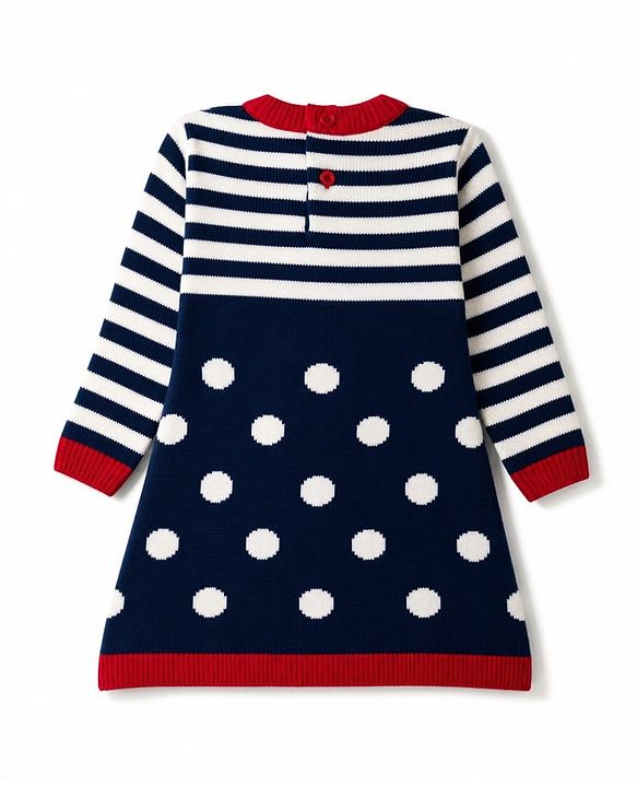 Babyhug  Knit Full Sleeves Stripe Woollen Dress With Polka Dot Design - Navy Blue