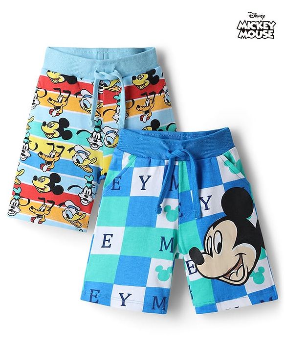 Babyhug Disney 100% Cotton Knit Knee Length Shorts With Micky Mouse Graphics Pack Of 2 - Multicolor