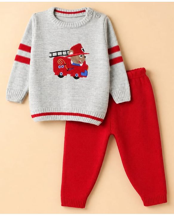 Babyhug Knit Full Sleeves Sweater Set with Firefighter Bear Design - Grey Red