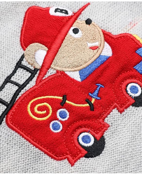 Babyhug Knit Full Sleeves Sweater Set with Firefighter Bear Design - Grey Red
