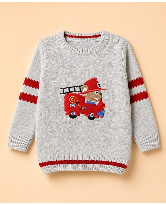 Babyhug Knit Full Sleeves Sweater Set with Firefighter Bear Design - Grey Red