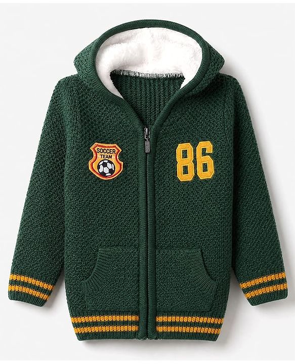 Babyhug Knit Full Sleeves Front open Hooded Sweater with Soccer Patch - Green
