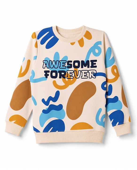 Pine Kids Knit Full Sleeves Sweatshirt with Text Print - Off White