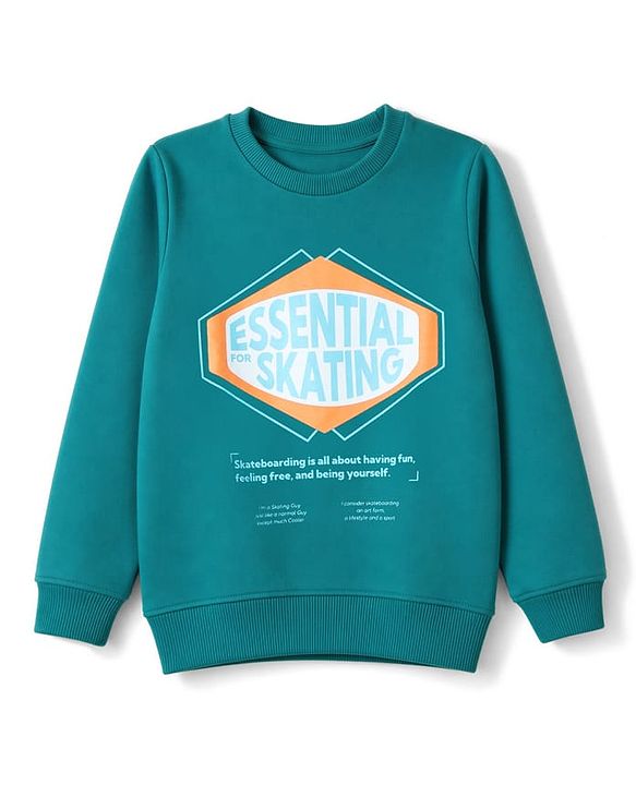 Pine Kids Cotton Knit Sweatshirt with Full Sleeves and Essential Skating Text Print - Green