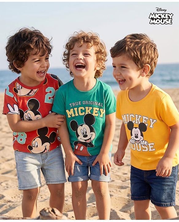 Babyhug Disney Cotton Knit T-Shirts Half Sleeve with Mickey Mouse Graphics Multi Color 3-6 Months Pack of 3