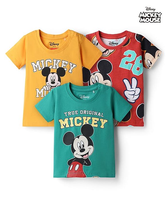 Babyhug Disney Cotton Knit T-Shirts Half Sleeve with Mickey Mouse Graphics Multi Color 3-6 Months Pack of 3