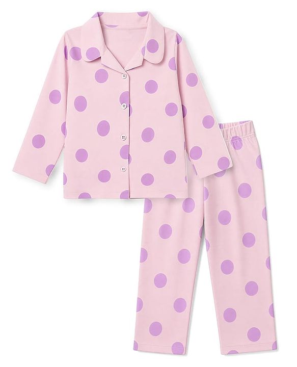 Babyhug 100% Cotton Knit Full Sleeves Polka Dots Printed Co-Ords Shirt & Pyjama Night Suit - Pink