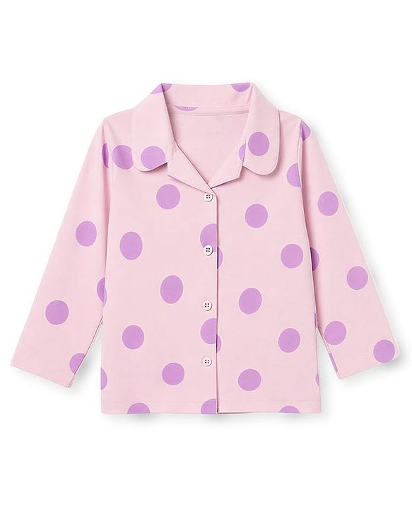 Babyhug 100% Cotton Knit Full Sleeves Polka Dots Printed Co-Ords Shirt & Pyjama Night Suit - Pink