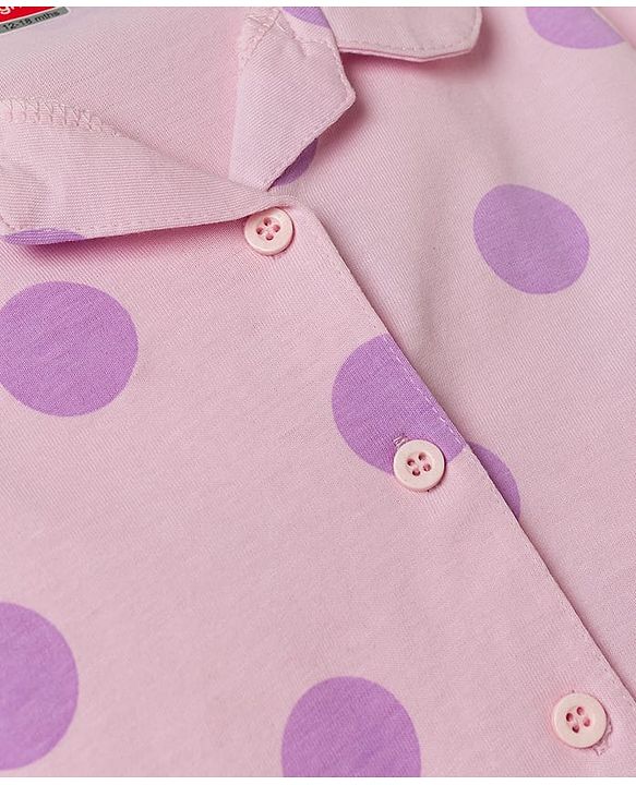 Babyhug 100% Cotton Knit Full Sleeves Polka Dots Printed Co-Ords Shirt & Pyjama Night Suit - Pink