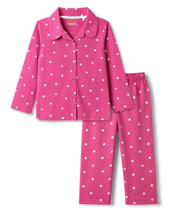 Babyhug 100% Cotton Knit Full Sleeves Shirt & Pyjama Co-Ord Night Suit With Polka Dots Print - Dark Pink