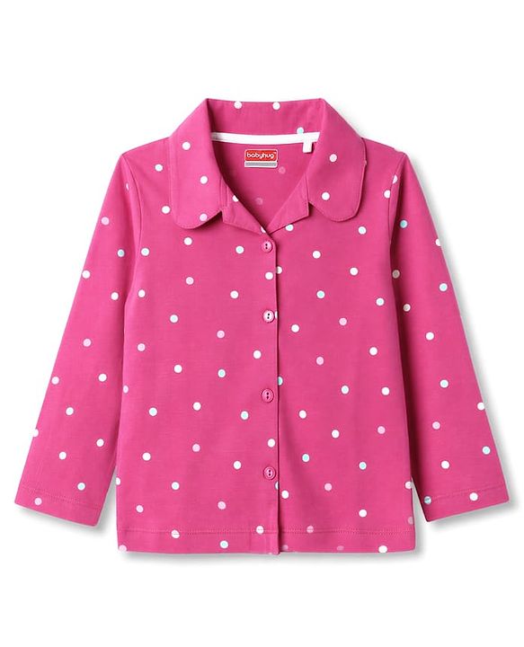 Babyhug 100% Cotton Knit Full Sleeves Shirt & Pyjama Co-Ord Night Suit With Polka Dots Print - Dark Pink