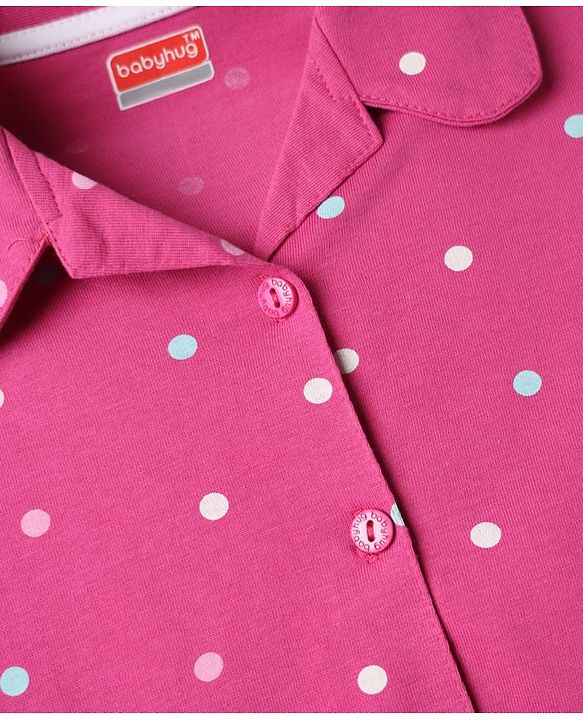 Babyhug 100% Cotton Knit Full Sleeves Shirt & Pyjama Co-Ord Night Suit With Polka Dots Print - Dark Pink