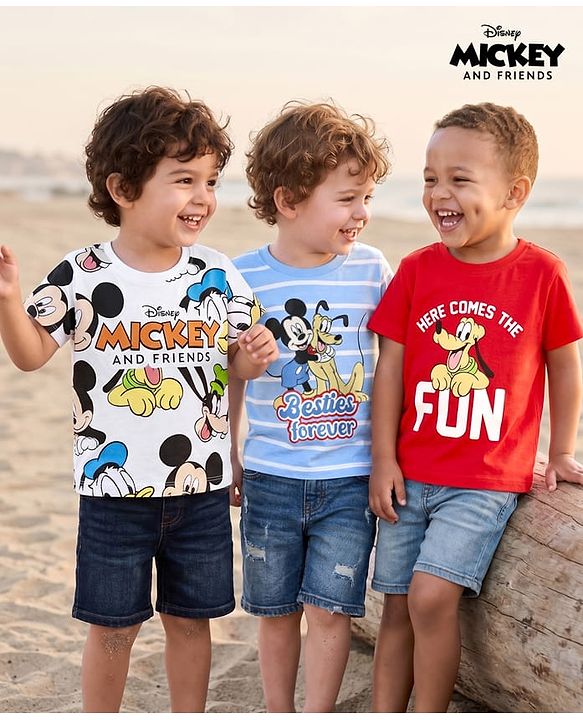 Babyhug Disney Cotton Knit T-Shirts with Mickey Mouse and Friends Graphics Half Sleeves Round Neck Multi Color 3-6 Months Pack of 3