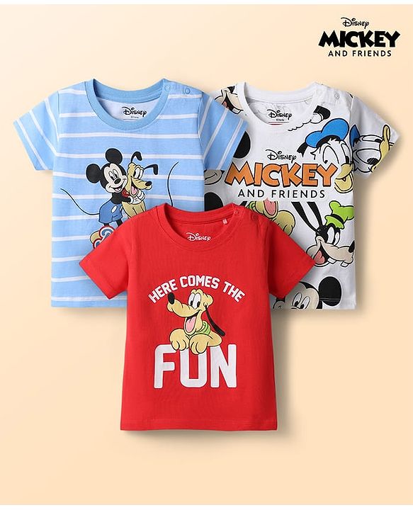 Babyhug Disney Cotton Knit T-Shirts with Mickey Mouse and Friends Graphics Half Sleeves Round Neck Multi Color 3-6 Months Pack of 3