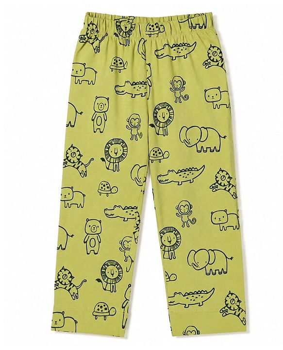 Babyhug 100% Cotton Knit Full Sleeves Animals Printed Co-Ords Shirt & Pajama Night Suit - Green