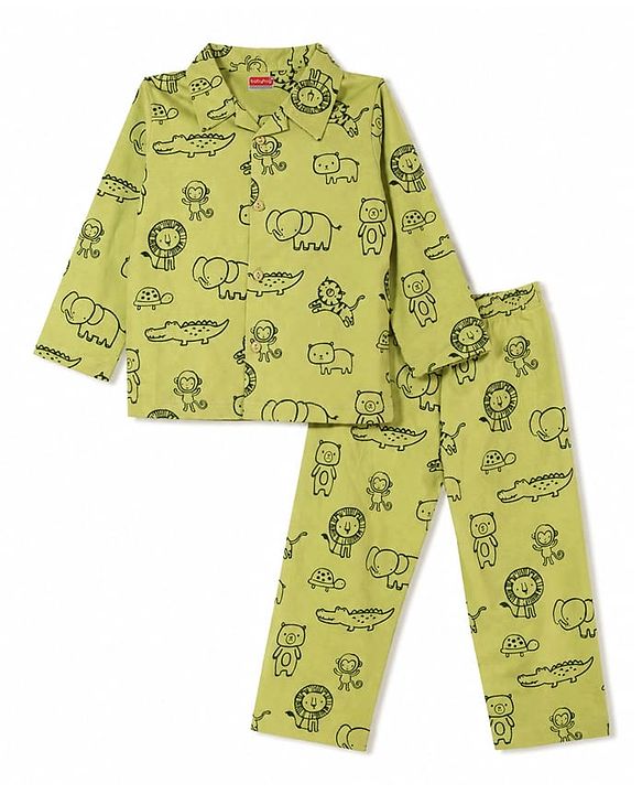 Babyhug 100% Cotton Knit Full Sleeves Animals Printed Co-Ords Shirt & Pajama Night Suit - Green