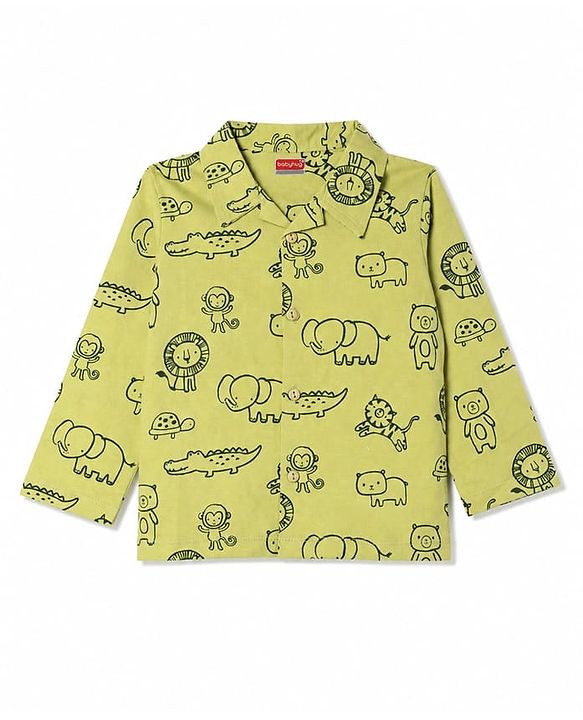 Babyhug 100% Cotton Knit Full Sleeves Animals Printed Co-Ords Shirt & Pajama Night Suit - Green