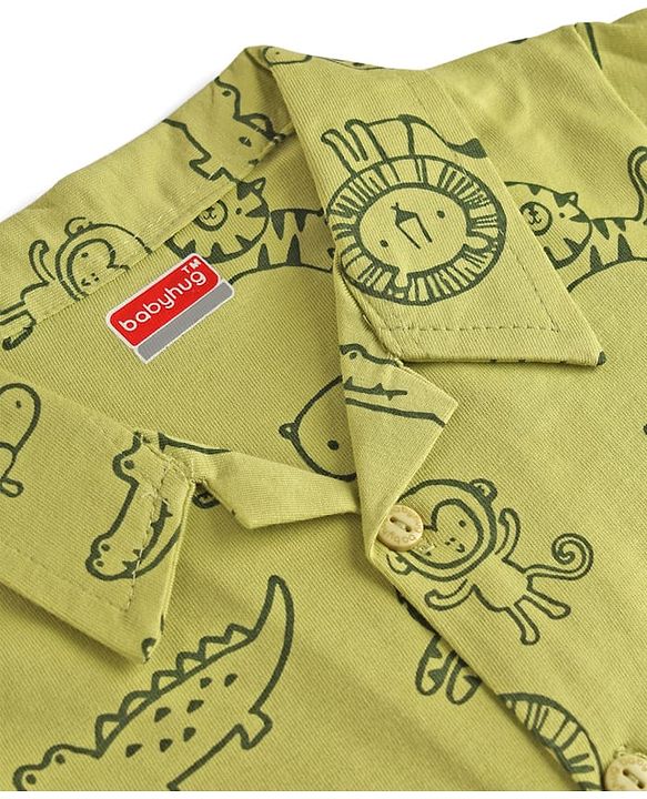 Babyhug 100% Cotton Knit Full Sleeves Animals Printed Co-Ords Shirt & Pajama Night Suit - Green