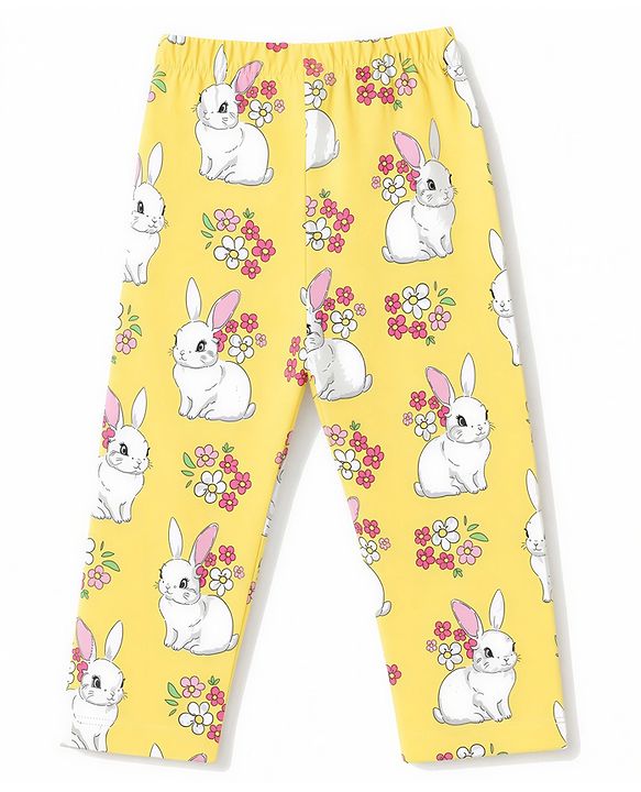 Babyhug 100% Cotton Knit Full Sleeves Bunny & Floral Printed Co-Ords Top & Pyjama Night Suit - Yellow