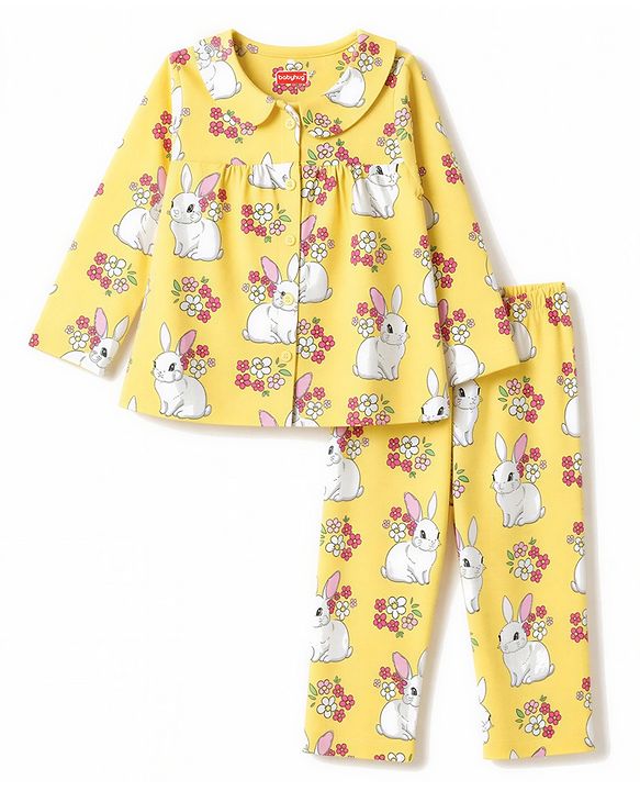 Babyhug 100% Cotton Knit Full Sleeves Bunny & Floral Printed Co-Ords Top & Pyjama Night Suit - Yellow