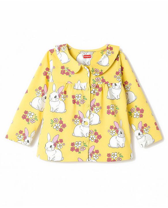 Babyhug 100% Cotton Knit Full Sleeves Bunny & Floral Printed Co-Ords Top & Pyjama Night Suit - Yellow