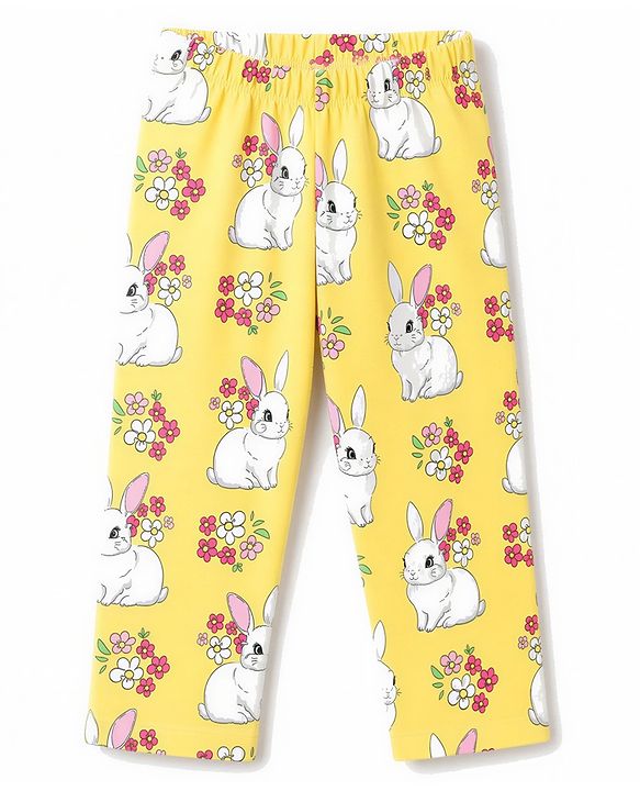 Babyhug 100% Cotton Knit Full Sleeves Bunny & Floral Printed Co-Ords Top & Pyjama Night Suit - Yellow