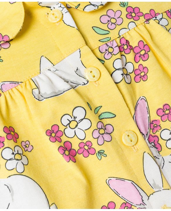 Babyhug 100% Cotton Knit Full Sleeves Bunny & Floral Printed Co-Ords Top & Pyjama Night Suit - Yellow
