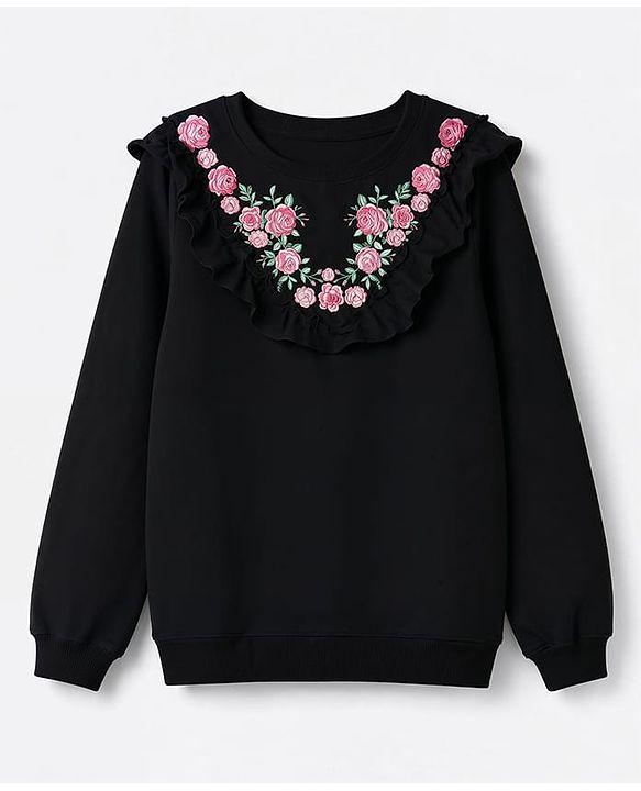 Pine Kids Cotton Knit Sweatshirt with Full Sleeves and Floral Embroidery in Black for 4-5 Years