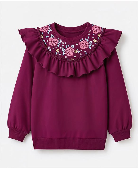 Pine Kids Cotton Knit Sweatshirt with Full Sleeves and Floral Print in Wine
