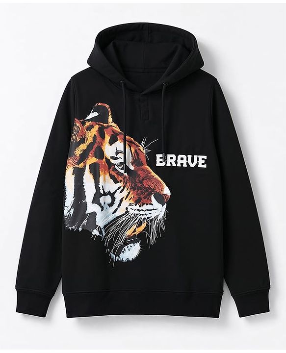 Pine Kids Cotton Knit Hooded Sweatshirt with Full Sleeves and Tiger Print - Black