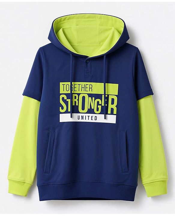 Pine Kids Cotton Knit Hooded Sweatshirt with Full Sleeves and Together Stronger Text Print - Blue