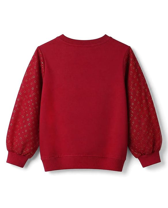 Pine Kids Cotton Knit Sweatshirt with Full Sleeves and Butterfly Sequins in Red for 4-5 Years