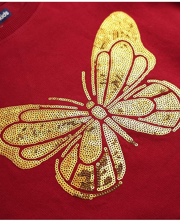 Pine Kids Cotton Knit Sweatshirt with Full Sleeves and Butterfly Sequins in Red for 4-5 Years
