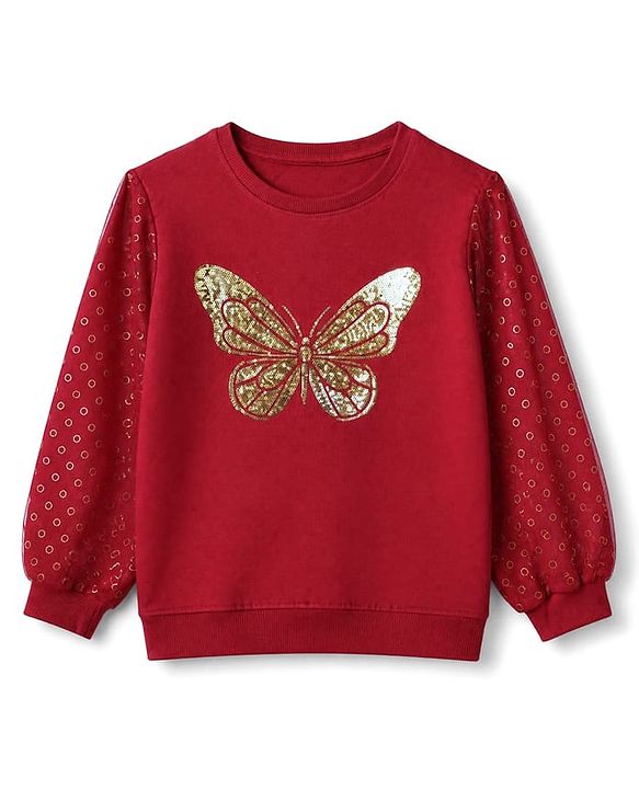 Pine Kids Cotton Knit Sweatshirt with Full Sleeves and Butterfly Sequins in Red for 4-5 Years