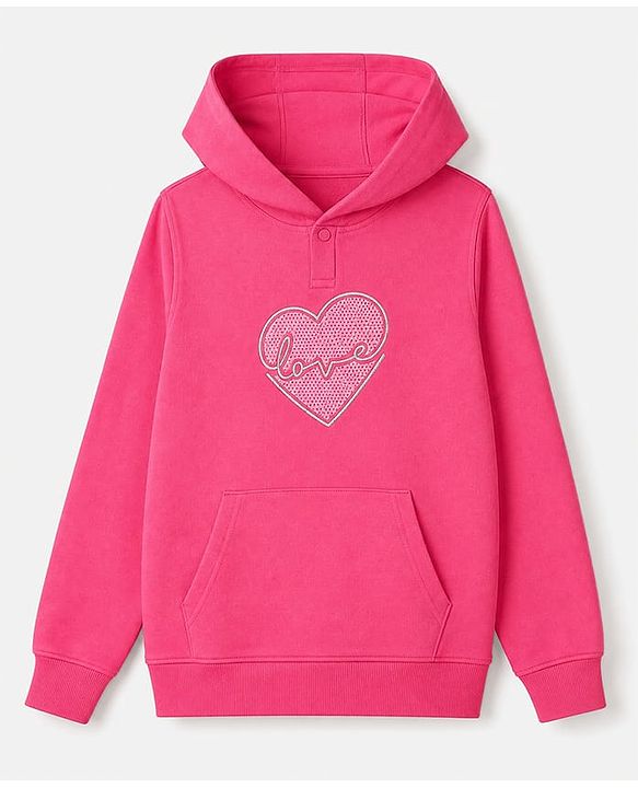 Pine Kids Cotton Knit Hooded Sweatshirt with Full Sleeves and Hearts Print - Pink