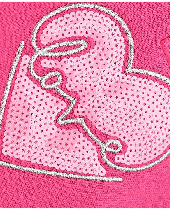 Pine Kids Cotton Knit Hooded Sweatshirt with Full Sleeves and Hearts Print - Pink