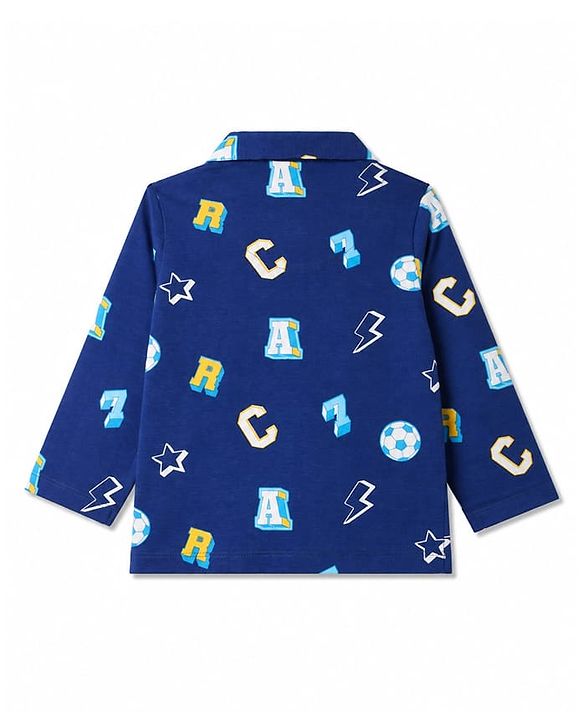 Babyhug 100% Cotton Knit Full Sleeves Alphabets Printed Co-Ords Shirt & Pyjama Night Suit - Navy Blue