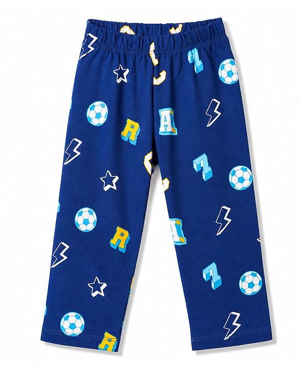Babyhug 100% Cotton Knit Full Sleeves Alphabets Printed Co-Ords Shirt & Pyjama Night Suit - Navy Blue