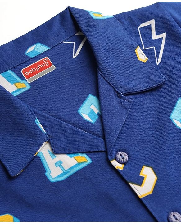 Babyhug 100% Cotton Knit Full Sleeves Alphabets Printed Co-Ords Shirt & Pyjama Night Suit - Navy Blue