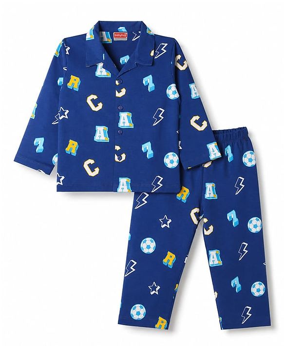 Babyhug 100% Cotton Knit Full Sleeves Alphabets Printed Co-Ords Shirt & Pyjama Night Suit - Navy Blue