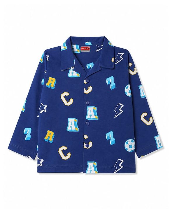 Babyhug 100% Cotton Knit Full Sleeves Alphabets Printed Co-Ords Shirt & Pyjama Night Suit - Navy Blue