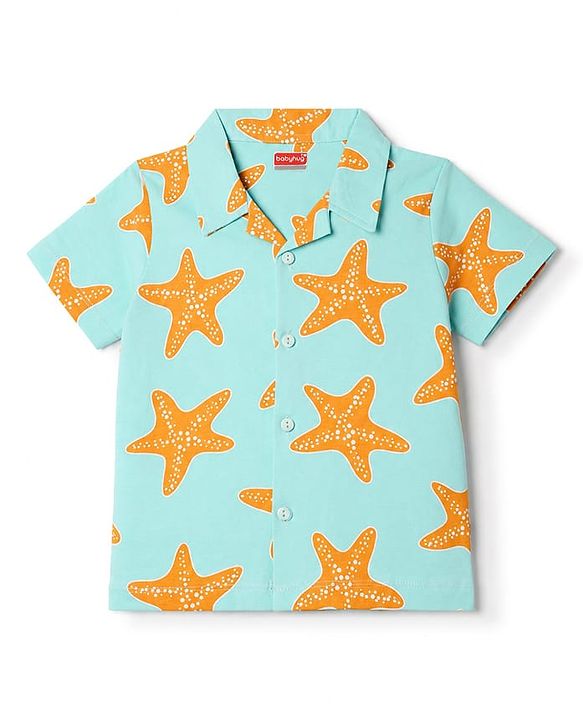 Babyhug 100% Cotton Knit Half Sleeves Co-Ords Star Printed Shirt & Shorts NIght Suit - Sea Green
