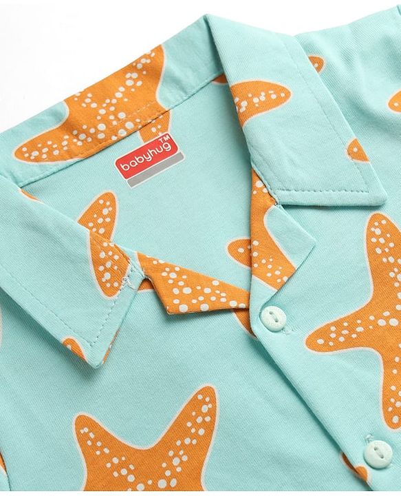 Babyhug 100% Cotton Knit Half Sleeves Co-Ords Star Printed Shirt & Shorts NIght Suit - Sea Green