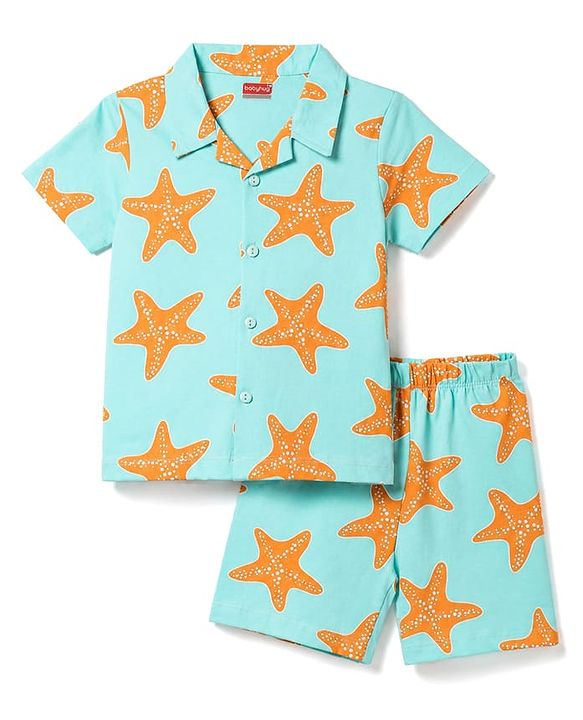 Babyhug 100% Cotton Knit Half Sleeves Co-Ords Star Printed Shirt & Shorts NIght Suit - Sea Green