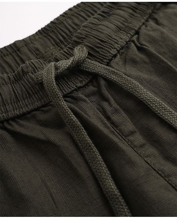 Pine Kids Cotton Elastane Woven Cargo Full Length Solid Trouser in Olive Green