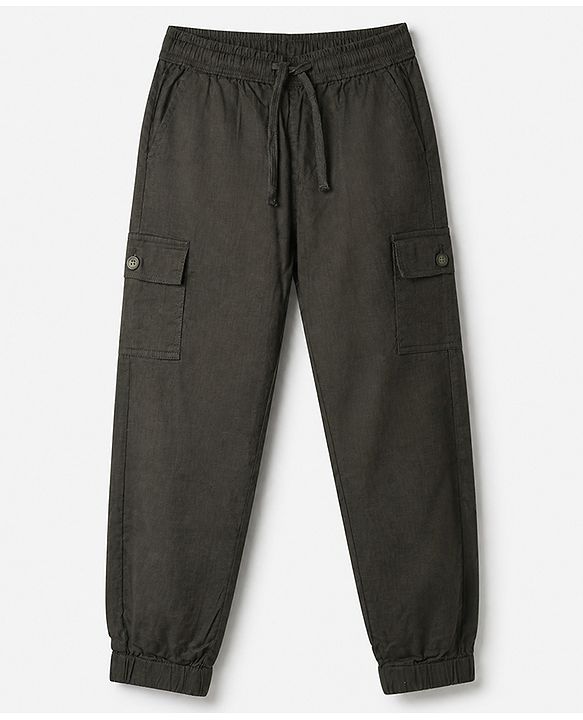 Pine Kids Cotton Elastane Woven Cargo Full Length Solid Trouser in Olive Green
