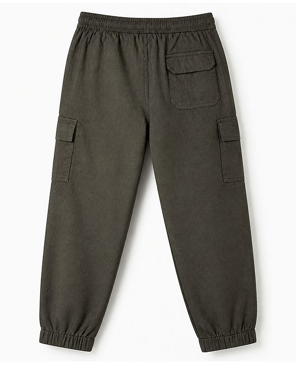 Pine Kids Cotton Elastane Woven Cargo Full Length Solid Trouser in Olive Green