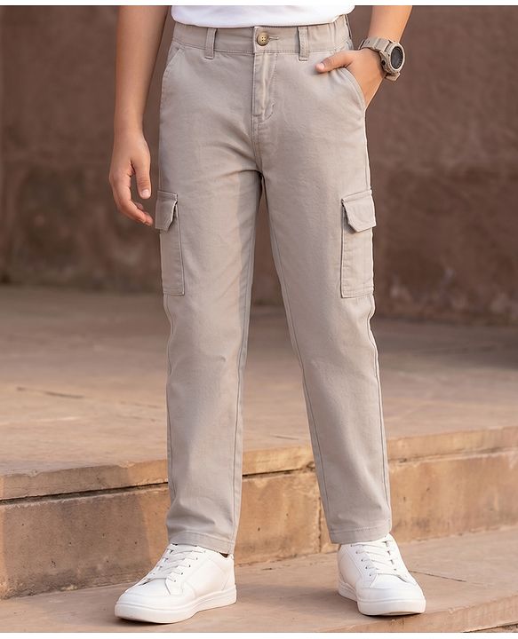 Pine Kids Cotton Elastane Woven Full Length Solid Trouser - Beige